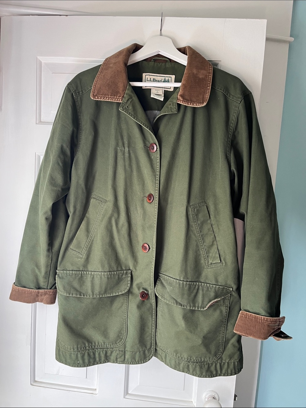VTG L.L. Bean Green Adirondack Utility Jacket with Brown Corduroy Trim Collar
